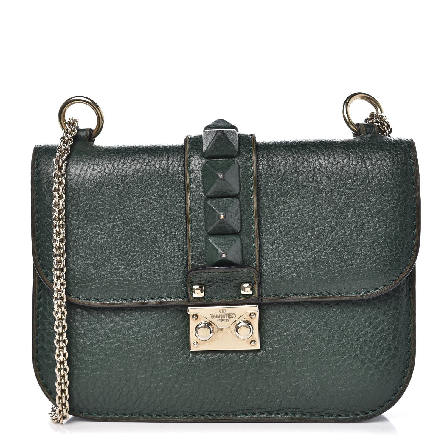 Valentino Garavani Pebbled Calfskin Small Glam Lock Rockstud Flap Dark Green 1 of 9