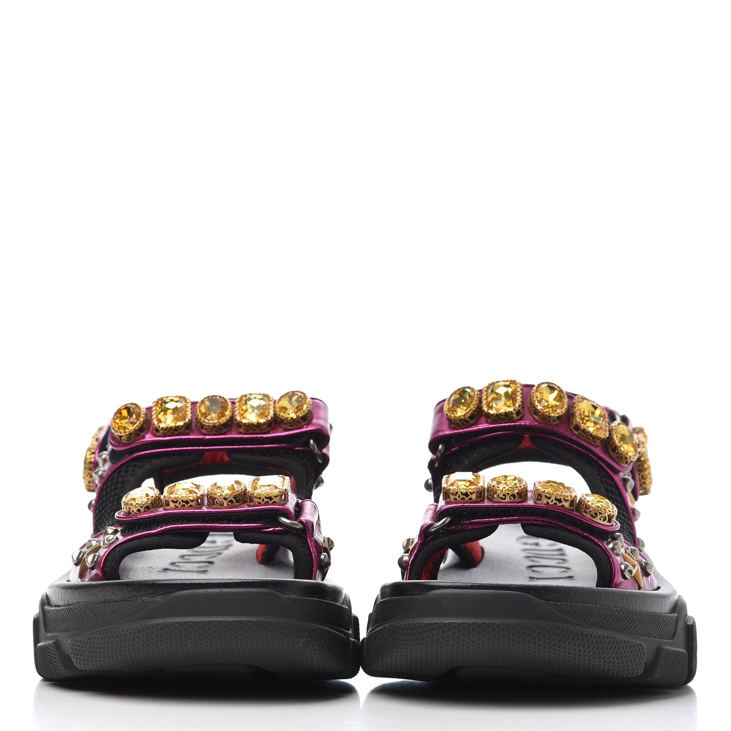 Gucci Nappa Mesh Crystal Embellished Studded Womens Aguru Sandals 37 Pink Black 2 of 15