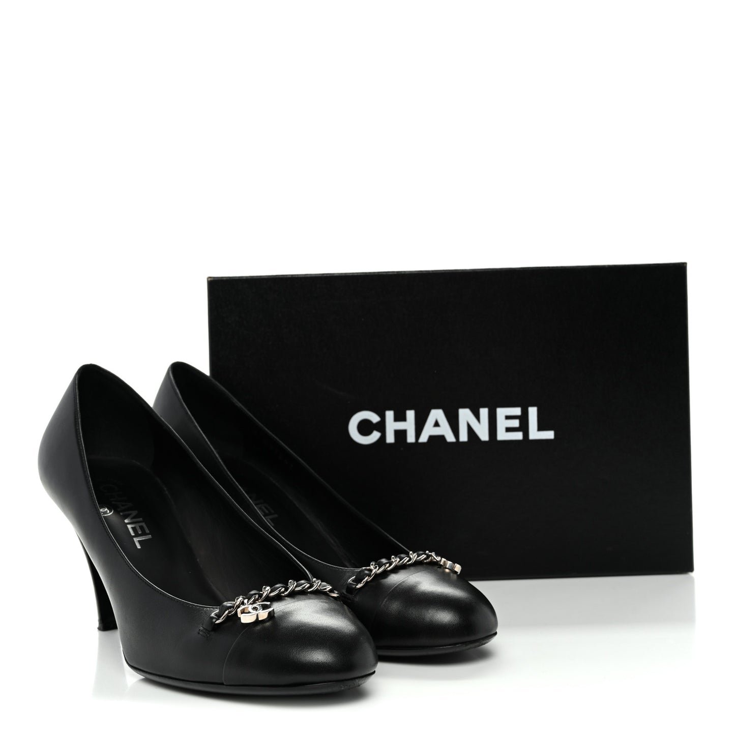 Calfskin CC Cap Toe Chain Pumps 39 Black