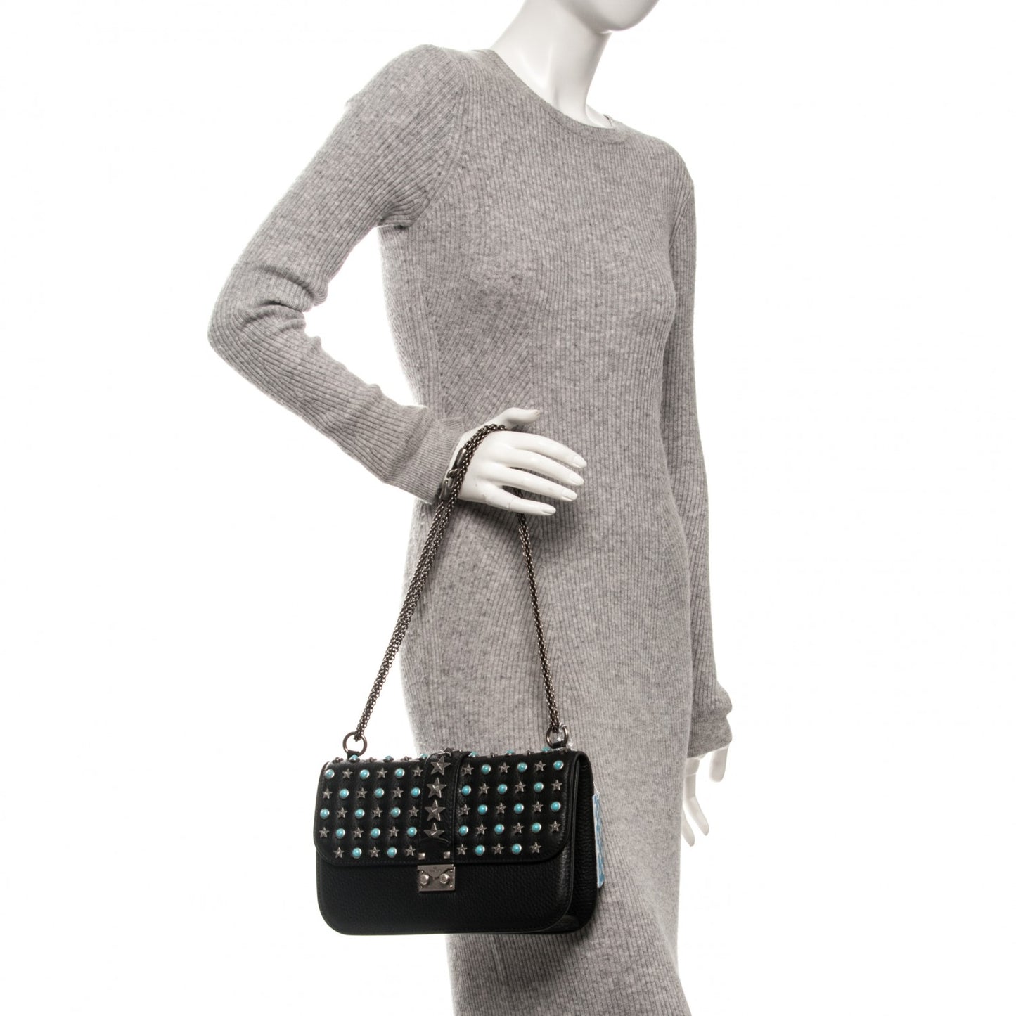 Pebbled Calfskin Star Studded Medium Lock Flap Black