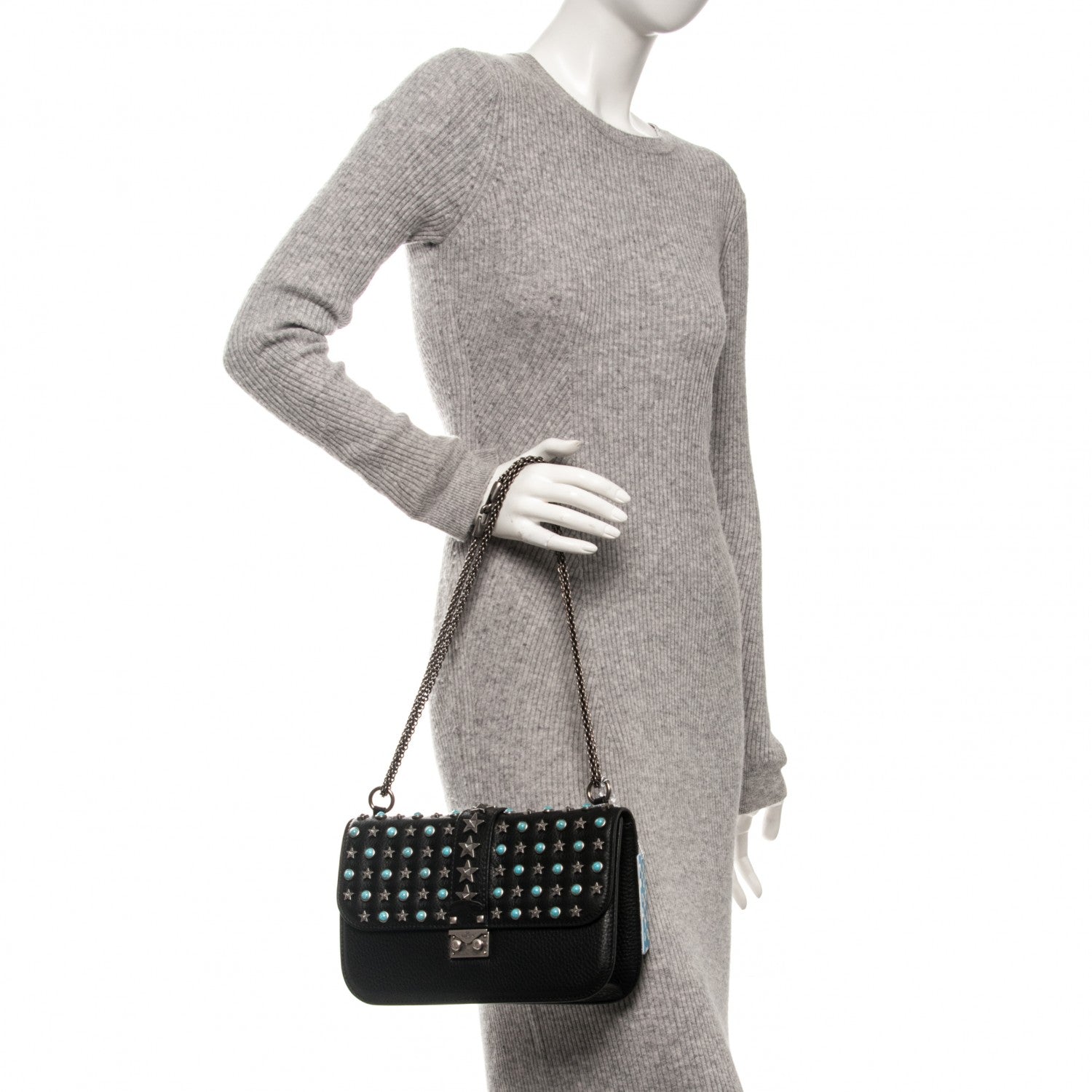Valentino Garavani Pebbled Calfskin Star Studded Medium Lock Flap Black 2 of 6