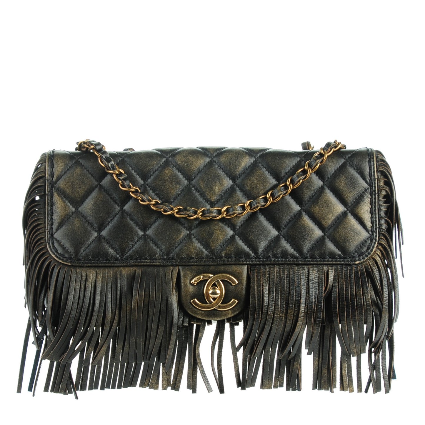 Metallic Calfskin Quilted Large Into The Fringe Flap Black