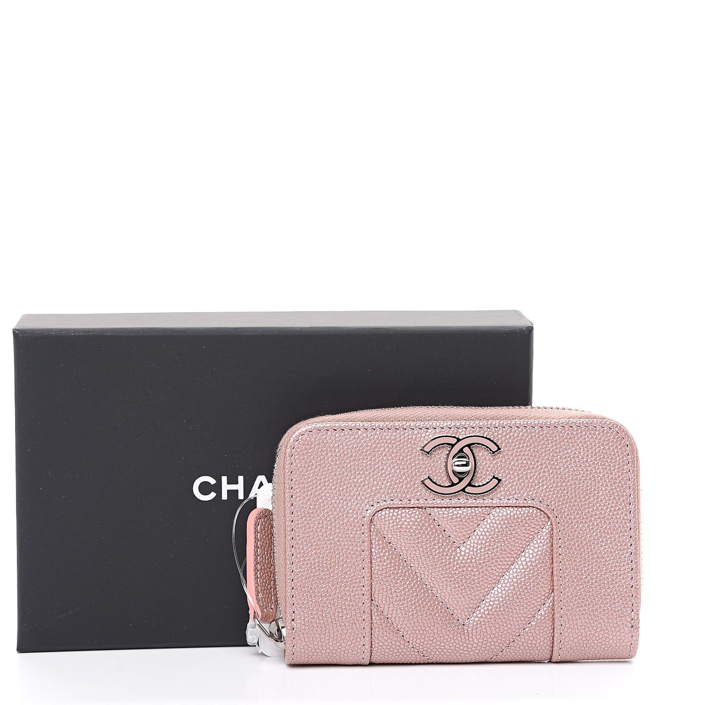 Metallic Caviar Chevron Quilted Vintage Mademoiselle Zip Coin Purse Pink
