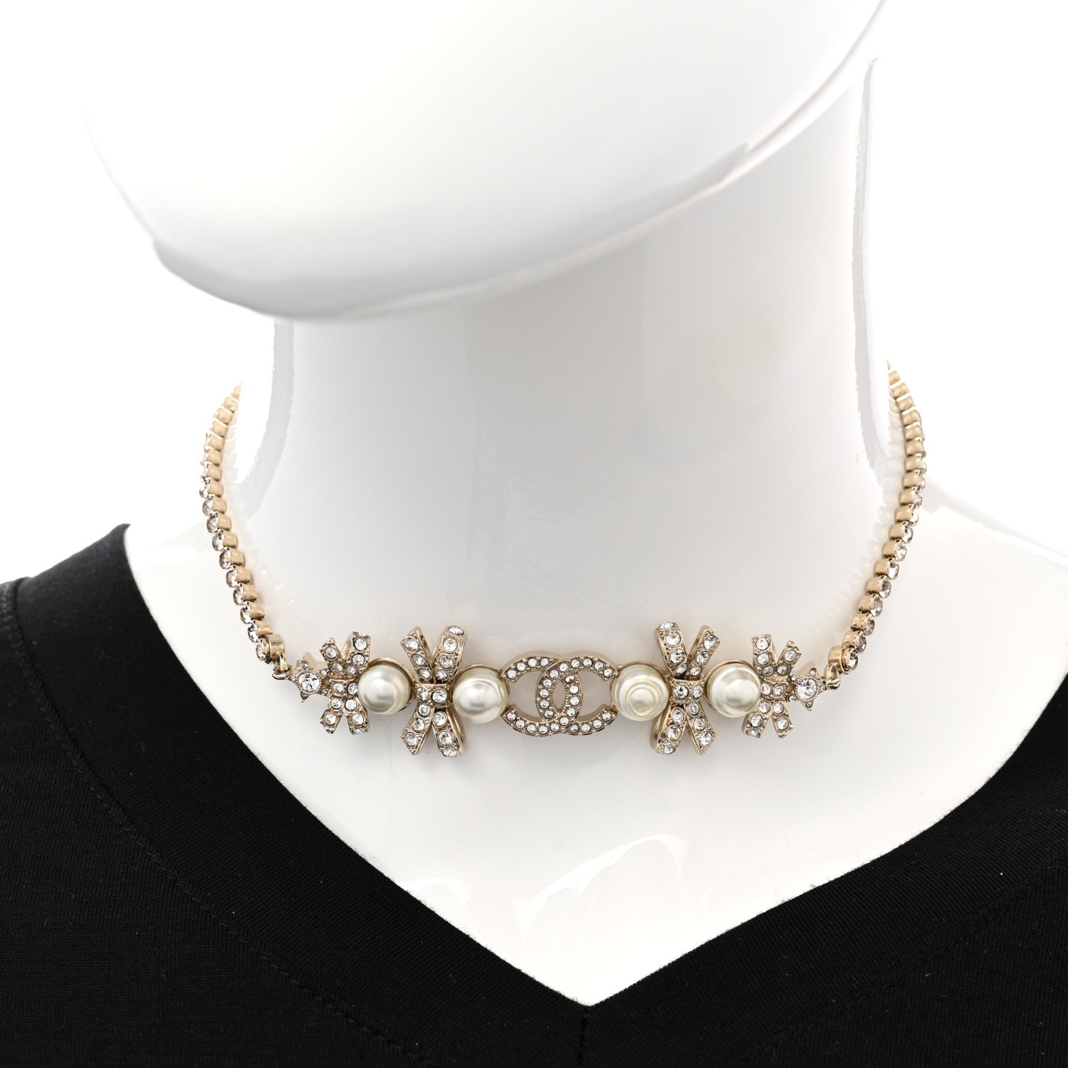 Chanel Pearl Crystal CC Bow Choker Necklace Gold 2 of 6