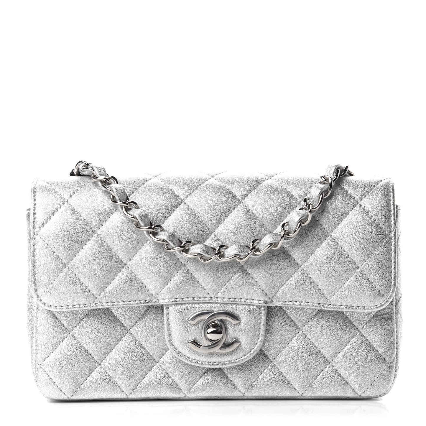 Metallic Lambskin Quilted Mini Rectangular Flap Silver