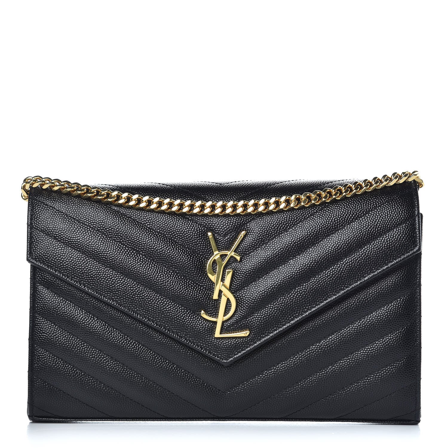 Saint Laurent Grain De Poudre Matelasse Chevron Monogram Chain Wallet Black 1 of 9