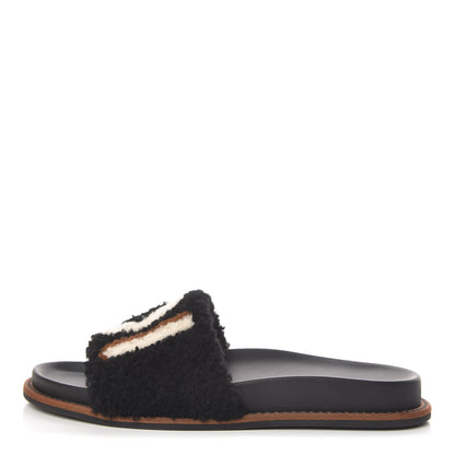 Fendi Shearling Logo Slide Sandals 39 Black Latte Brownie 1 of 11