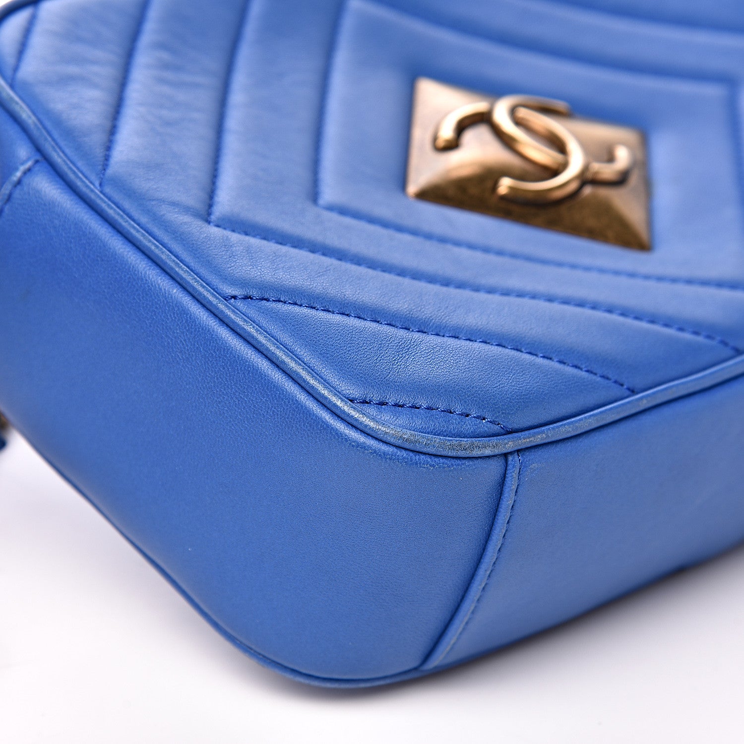 Chanel Lambskin Chevron Quilted Pyramid CC Camera Case Blue 7 of 14