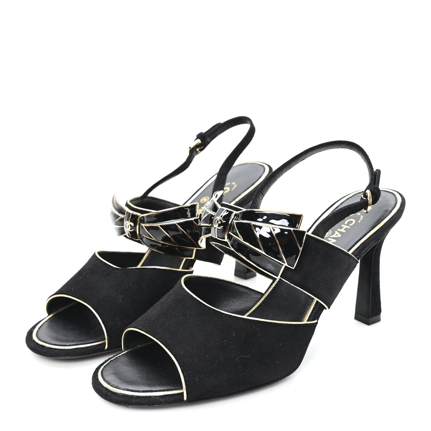 Chanel Suede CC Bow Slingback Pumps 37.5 Black Gold 4 of 9