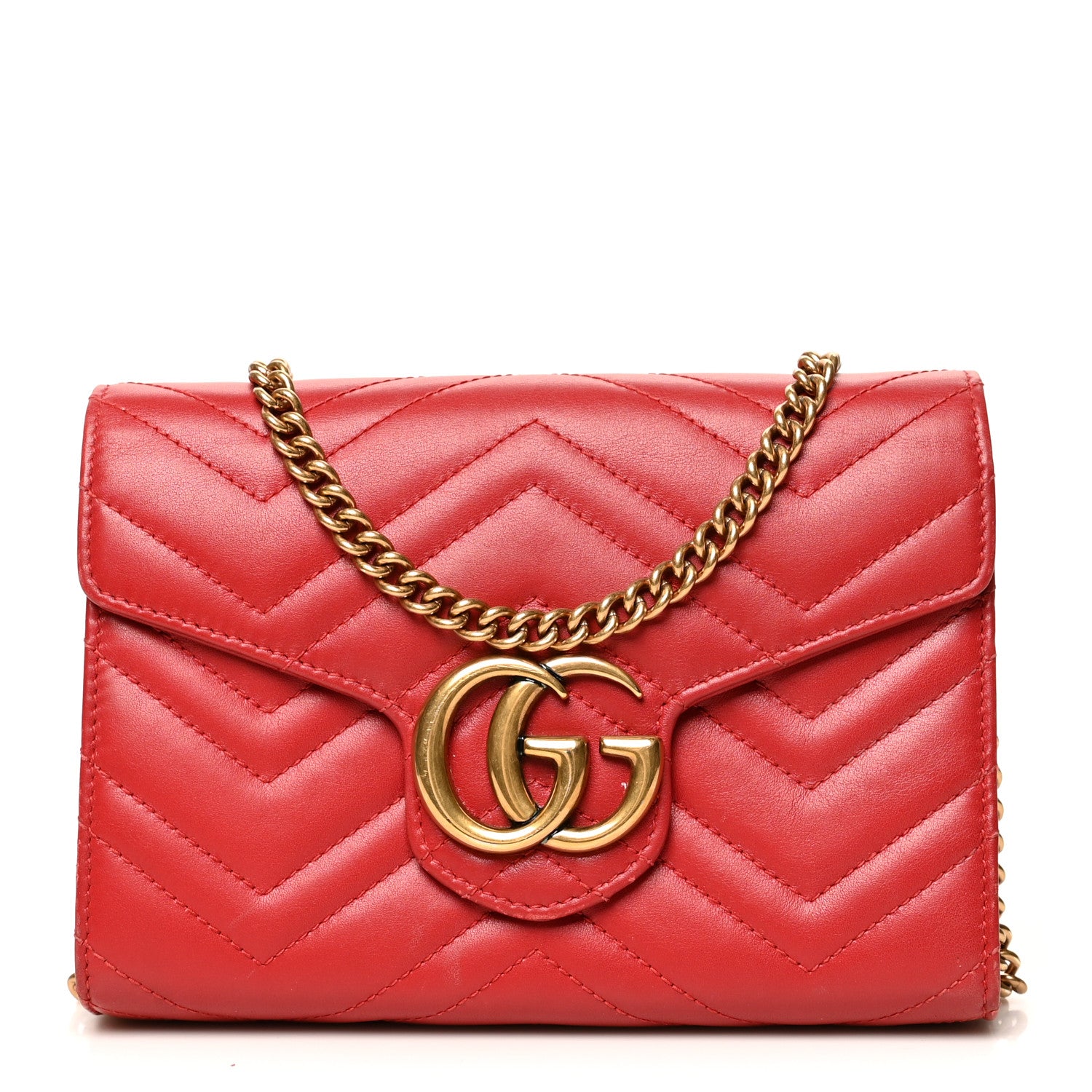 Gucci Calfskin Matelasse GG Marmont Chain Wallet Hibiscus Red 1 of 11
