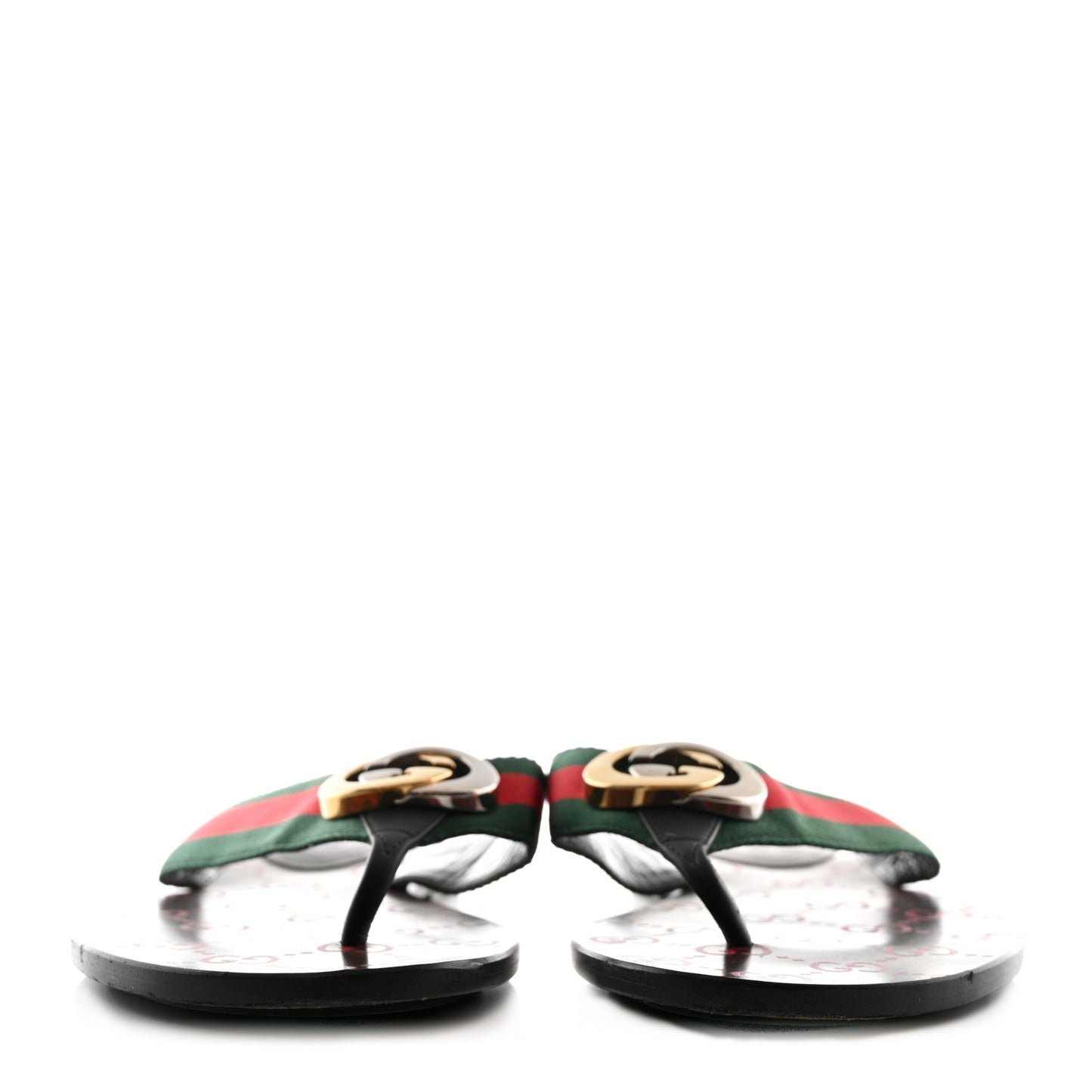 Nylon Calfskin Web GG Monogram Womens Thong Sandals 37 Green Red Cocoa
