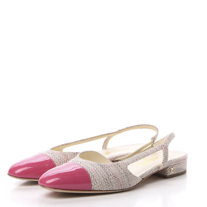 Chanel Tweed Patent Cap Toe CC Slingback Flat 36.5 Pink White 3 of 10
