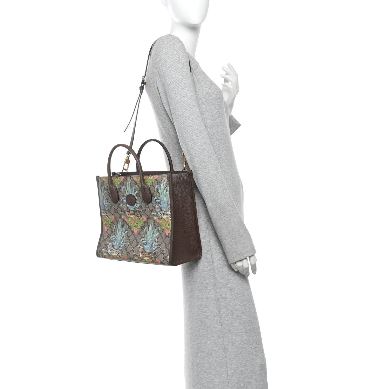 Gucci GG Supreme Monogram Tiger Savanah Textured Dollar Calfskin Small Retro Interlocking G Tote Bag Beige Ebony Multicolor New Acero 2 of 14