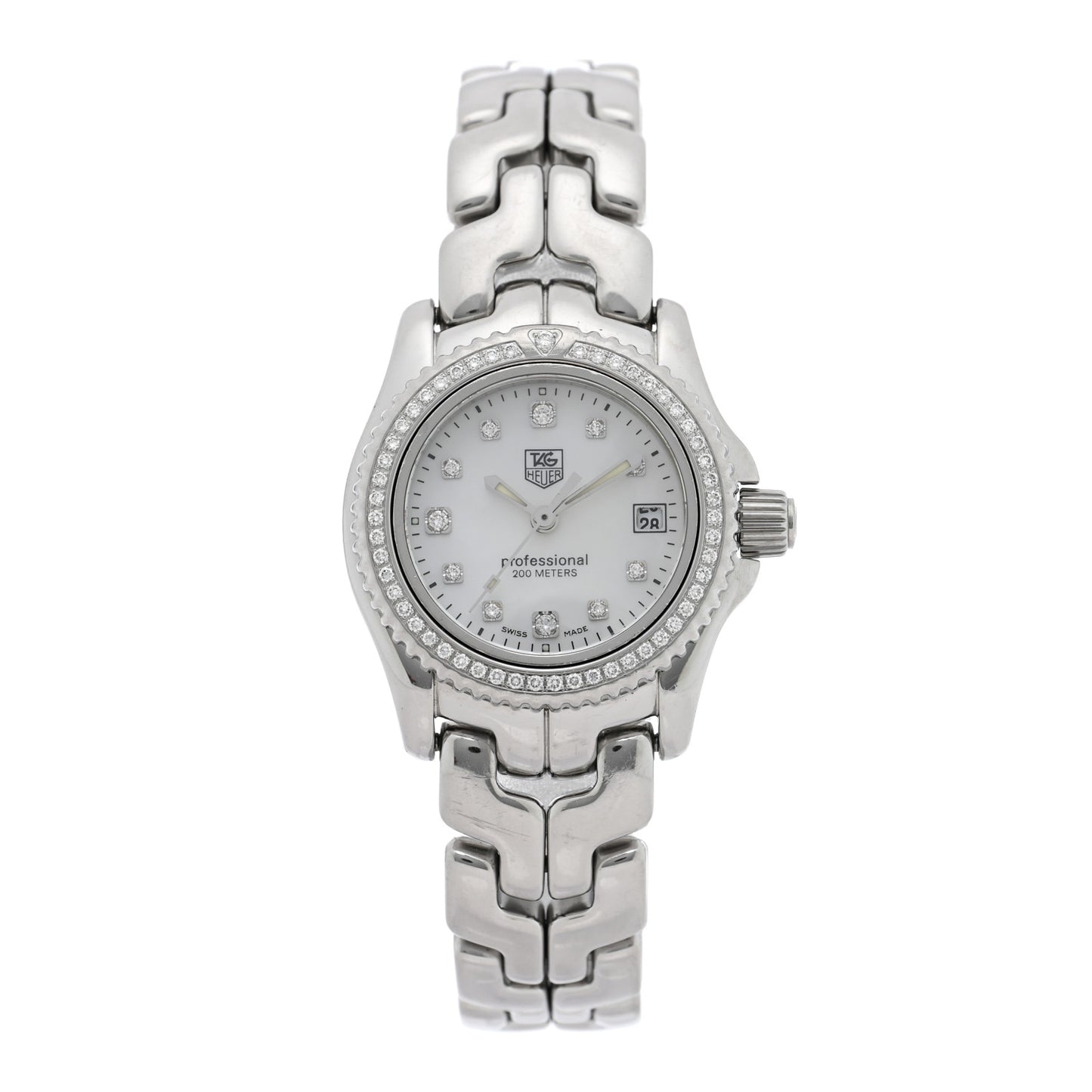 Stainless Steel Diamond Bezel Mother of Pearl 26mm Link Quartz Watch WT141J