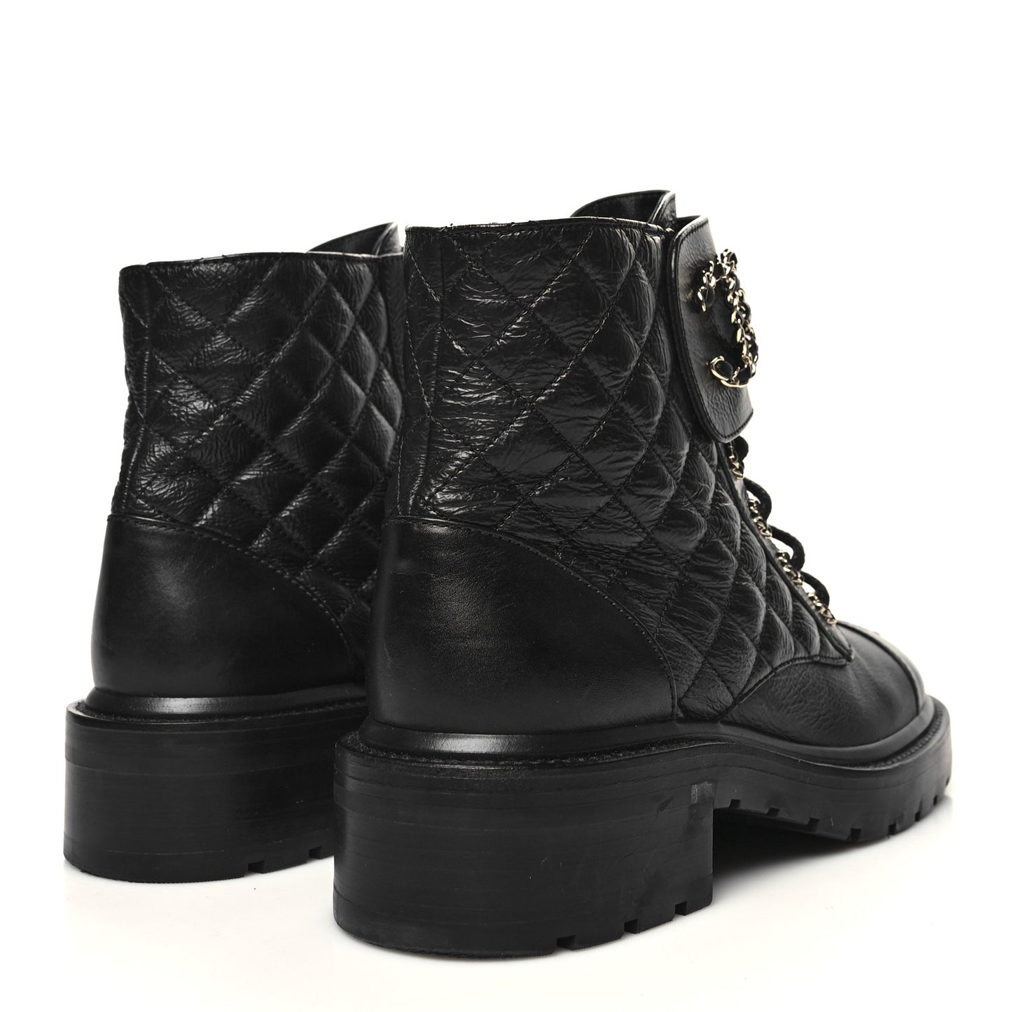 Shiny Calfskin Quilted Lace Up Combat Boots 39 Black