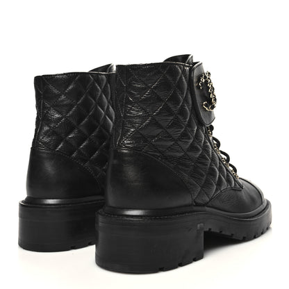 Chanel Shiny Calfskin Quilted Lace Up Combat Boots 39 Black 4 of 9