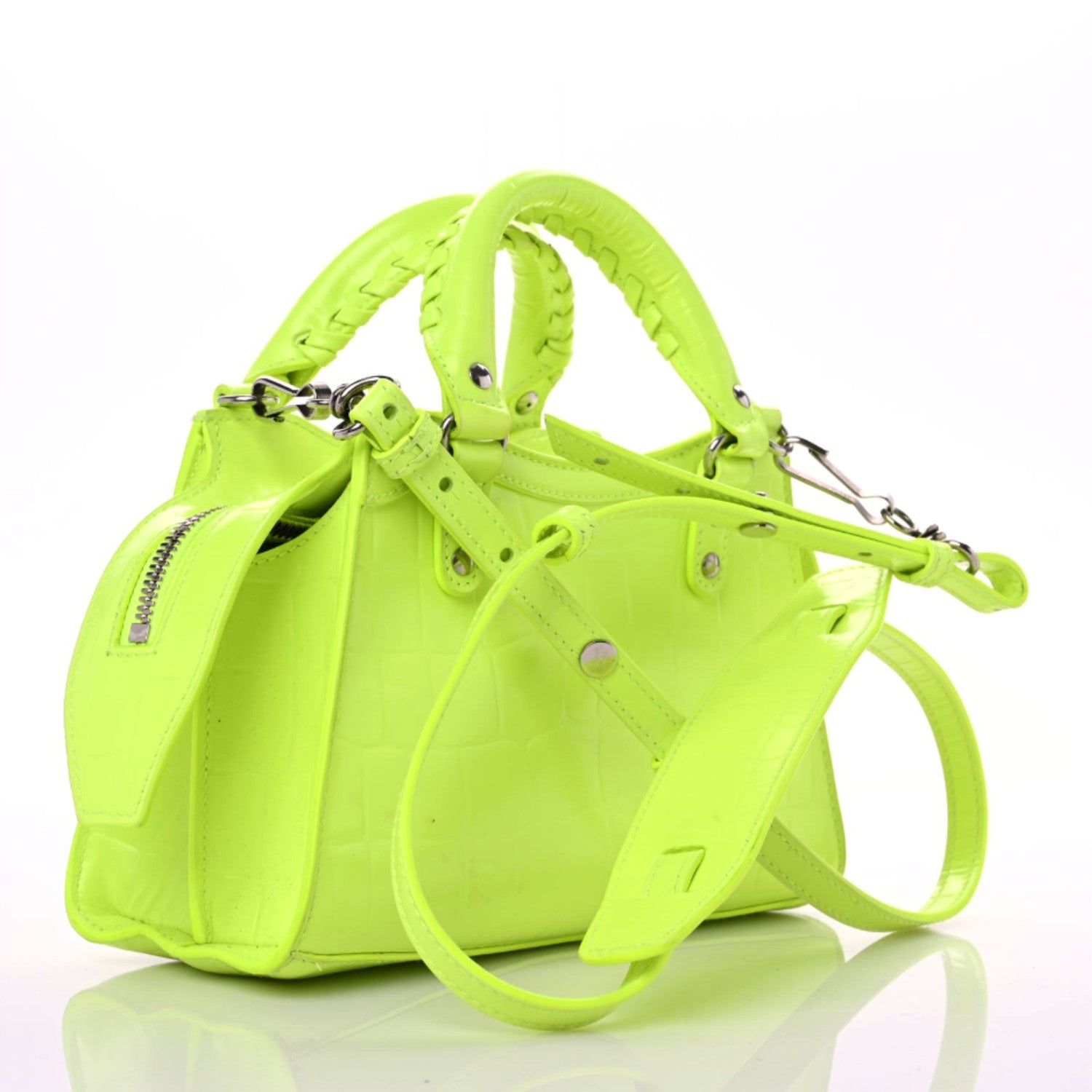 Balenciaga Semi Shiny Calfskin Crocodile Embossed Neo Classic Silver Hardware Mini City Fluo Yellow 3 of 18