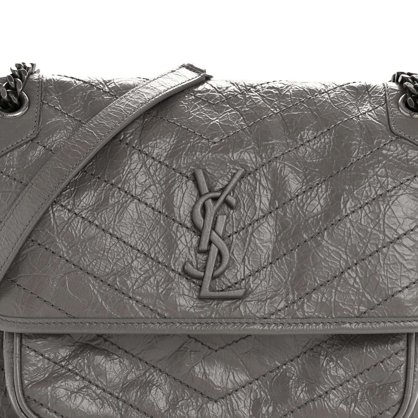 Crinkled Calfskin Matelasse Monogram Medium Niki Chain Satchel Fog