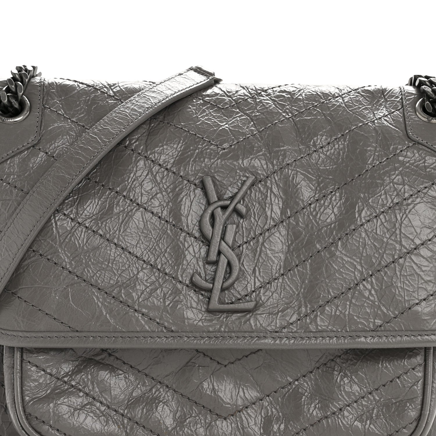 Saint Laurent Crinkled Calfskin Matelasse Monogram Medium Niki Chain Satchel Fog 8 of 14