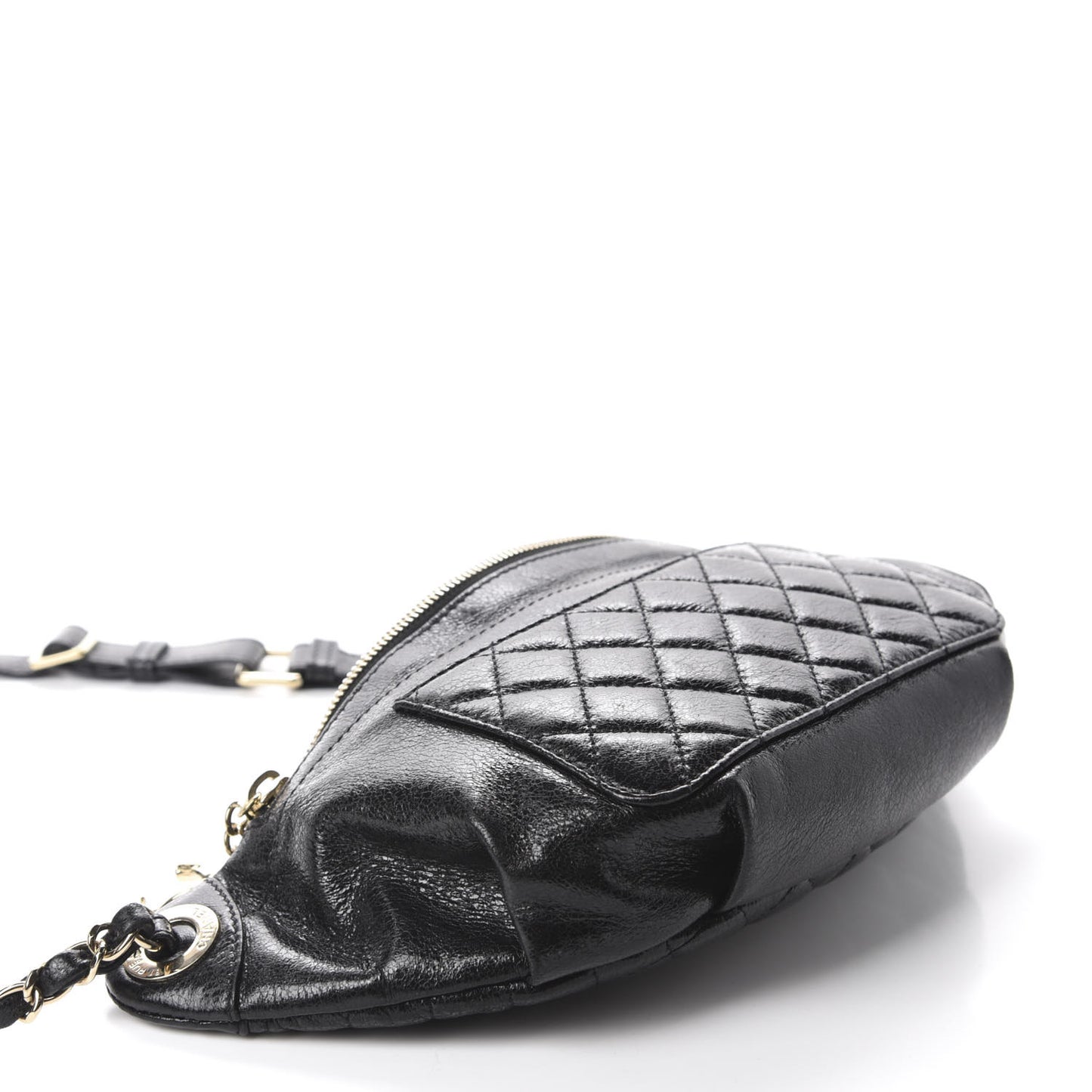 Crumpled Glazed Lambskin Quilted Waist Bag Fanny Pack Black