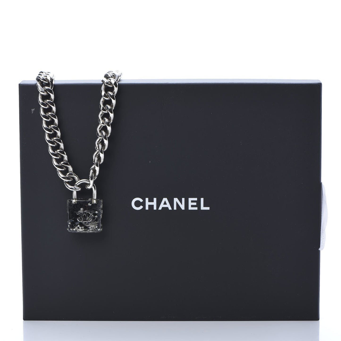 Resin CC Oversized Padlock Chain Necklace Silver Pearly White
