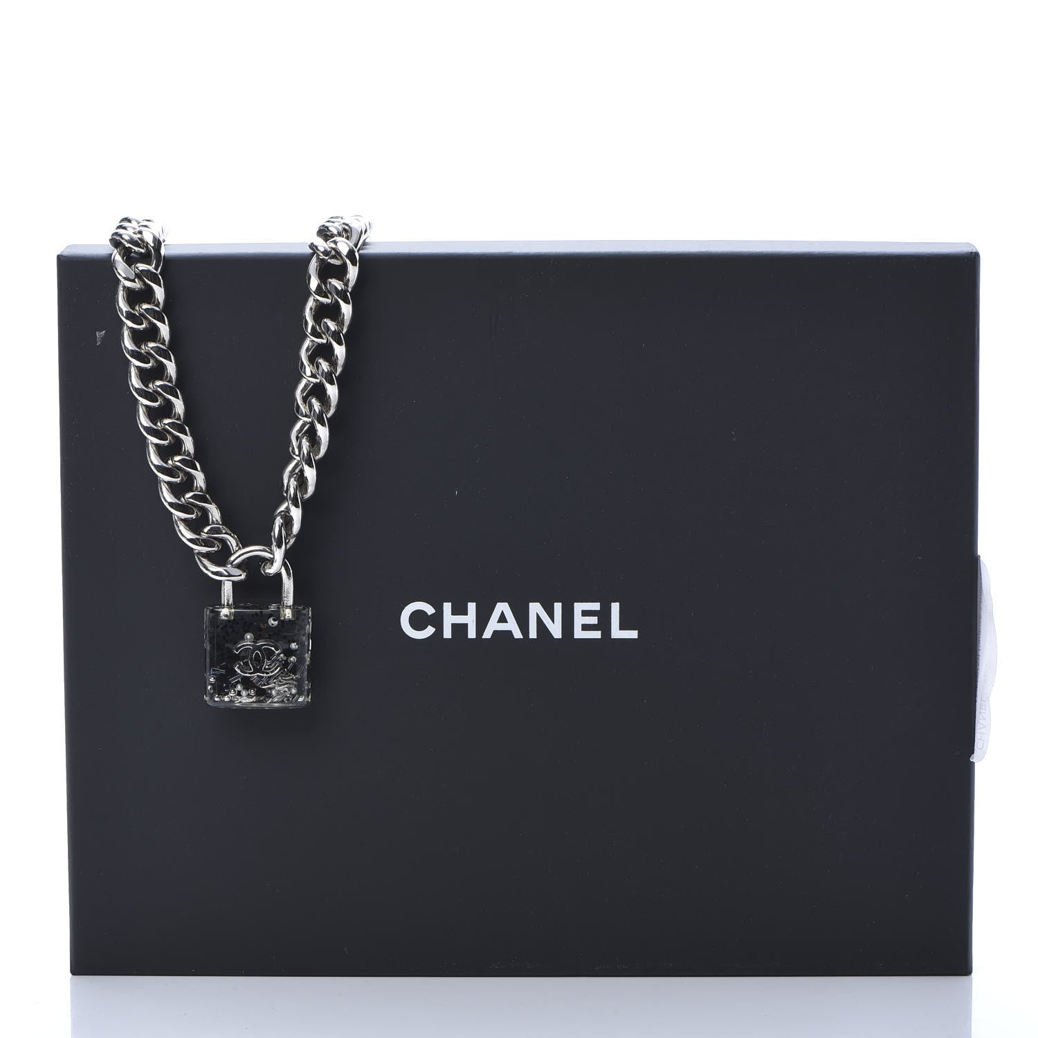Chanel Resin CC Oversized Padlock Chain Necklace Silver Pearly White 6 of 6