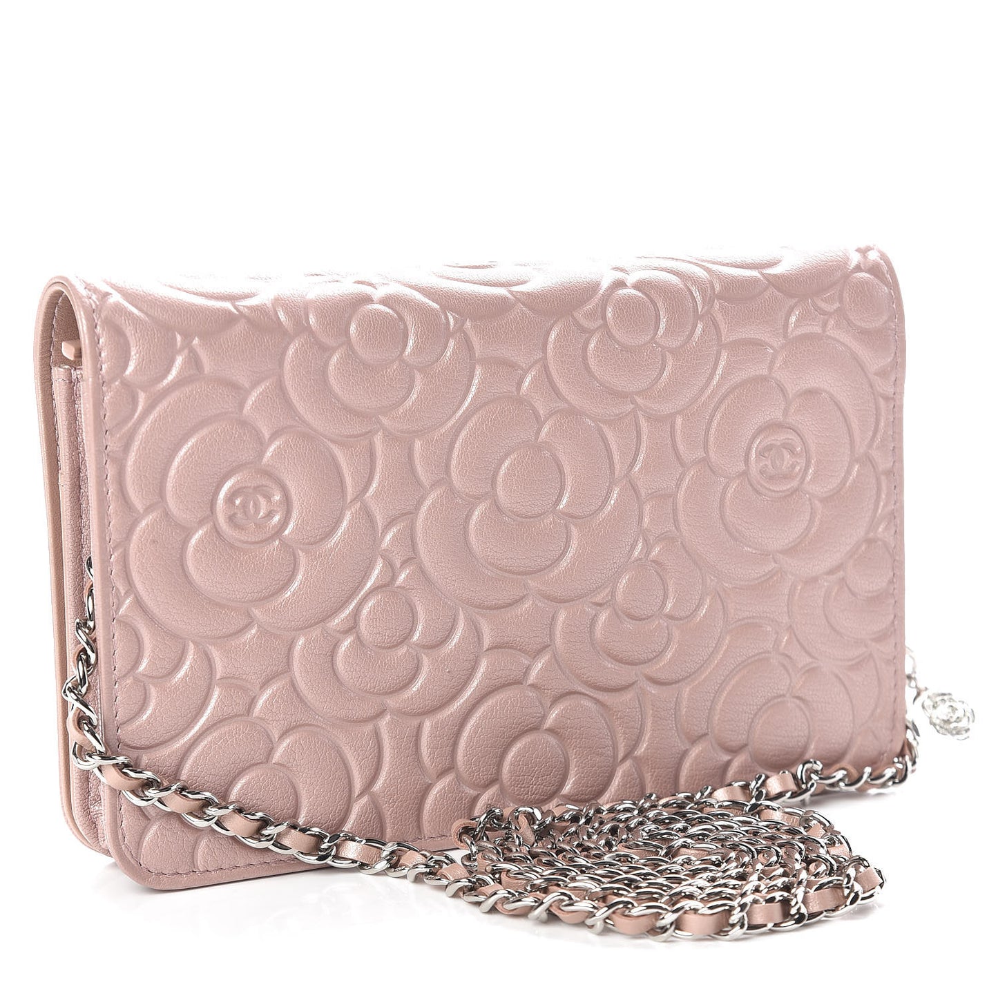 Goatskin Camellia Embossed Wallet On Chain WOC Light Pink