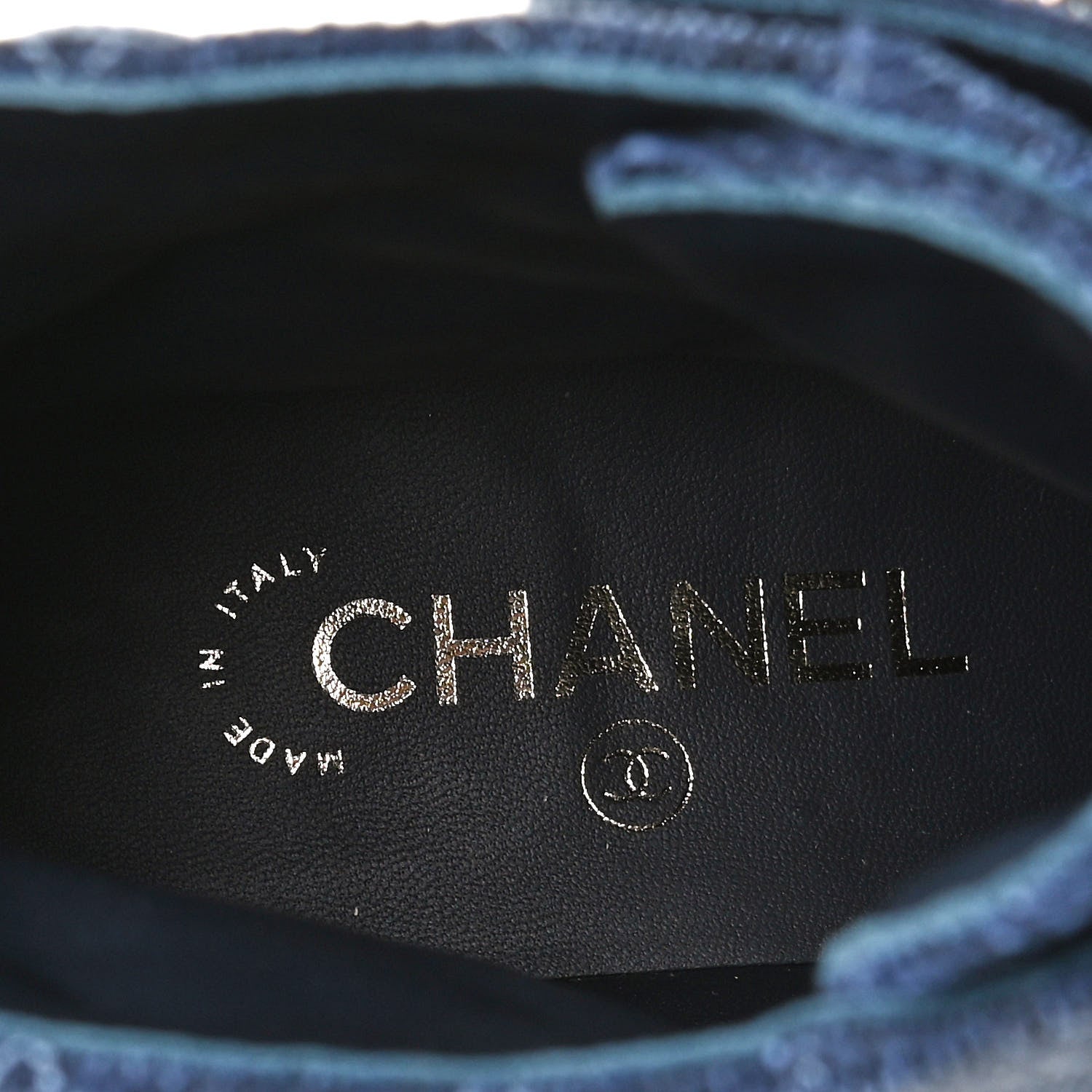 Chanel Shiny Calfskin Velvet Quilted Lace Up Combat Boots 39 Blue Black 9 of 14