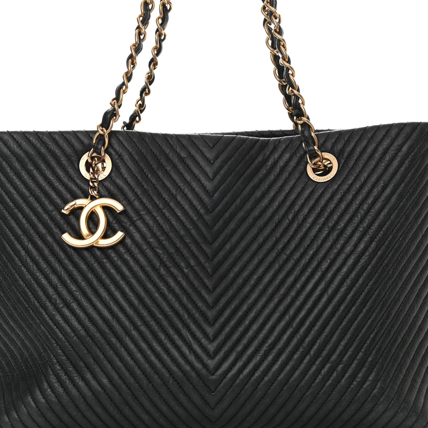 Wrinkled Lambskin Chevron Quilted Large Surpique Tote Black