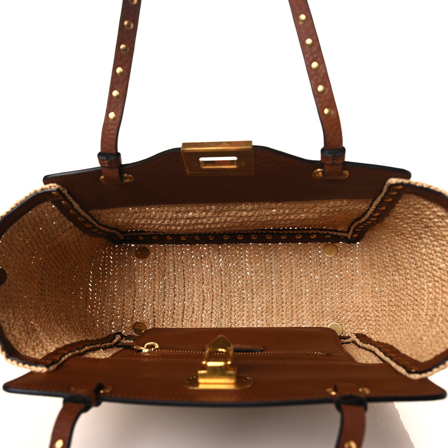 Valentino Garavani Raffia Calfskin Small Rockstud Tote Naturale Saddle Brown 5 of 8