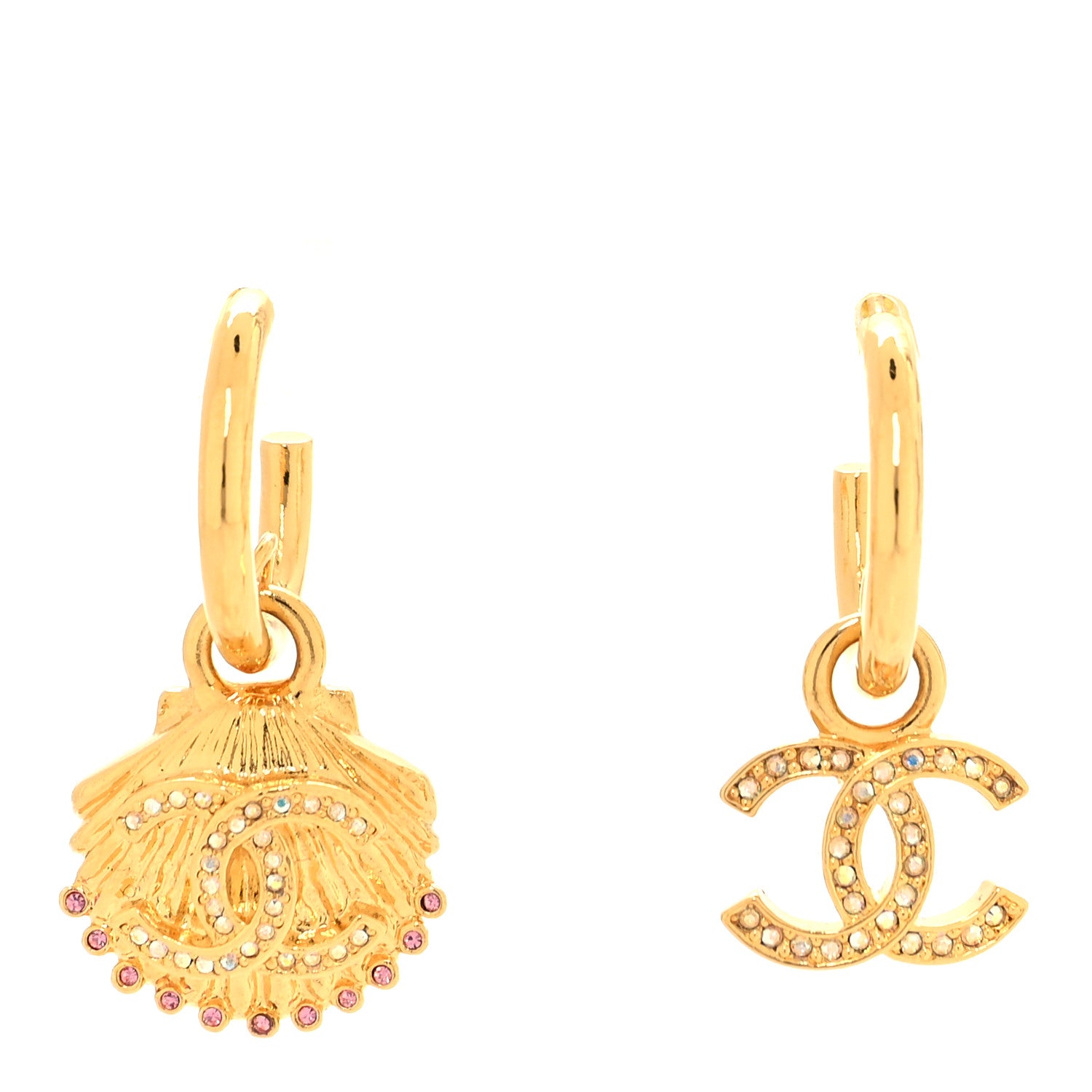 Chanel Crystal CC Shell Hoop Earrings Gold 1 of 5