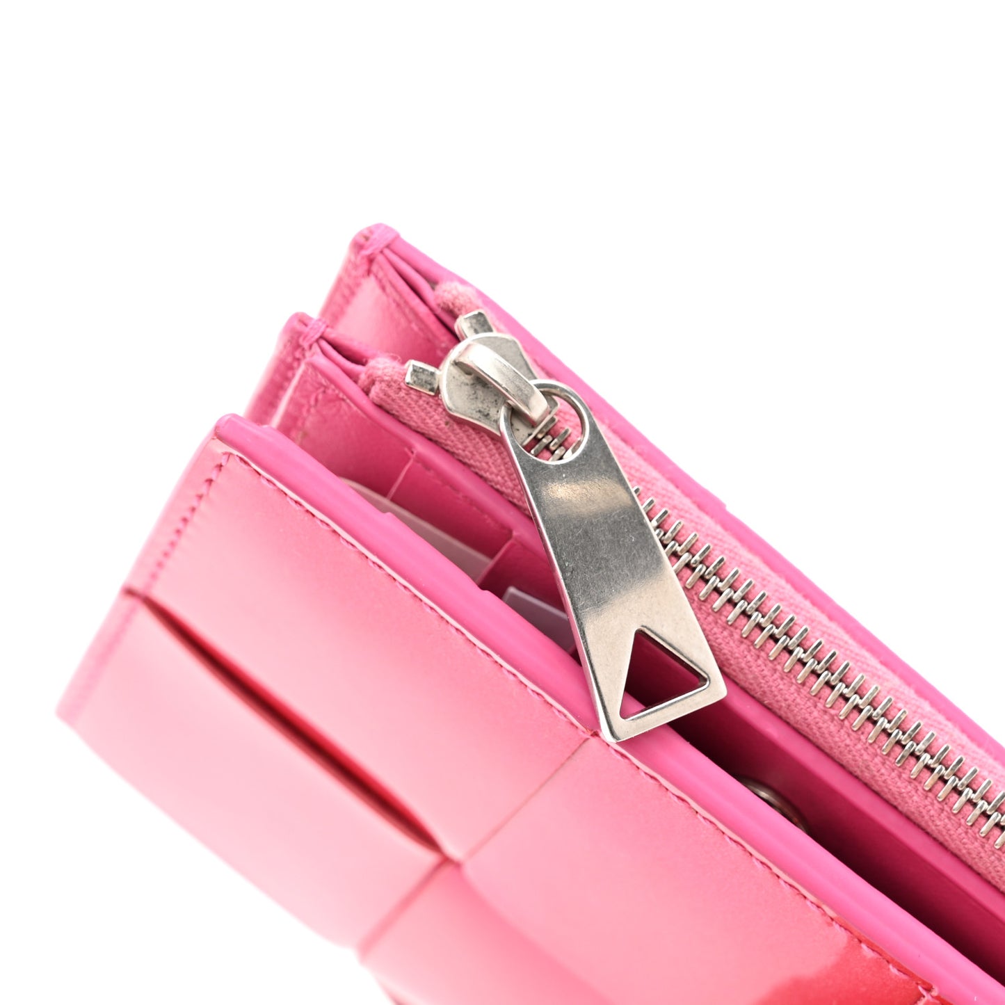 Metallic Patent Calfskin Intrecciato Zip Card Holder Pink