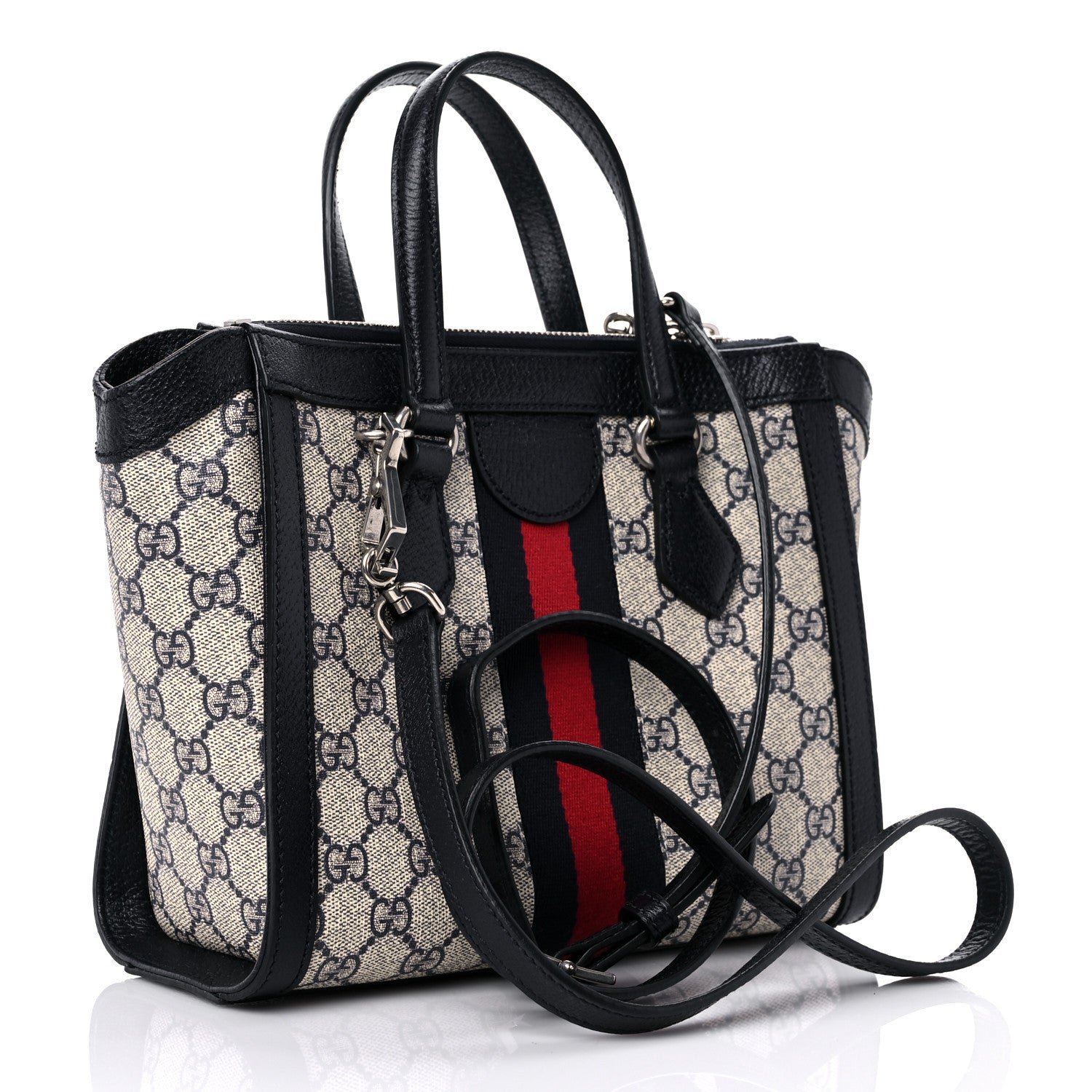 Gucci GG Supreme Monogram Textured Dollar Calfskin Web Small Ophidia Tote Bag Beige Blue 3 of 11