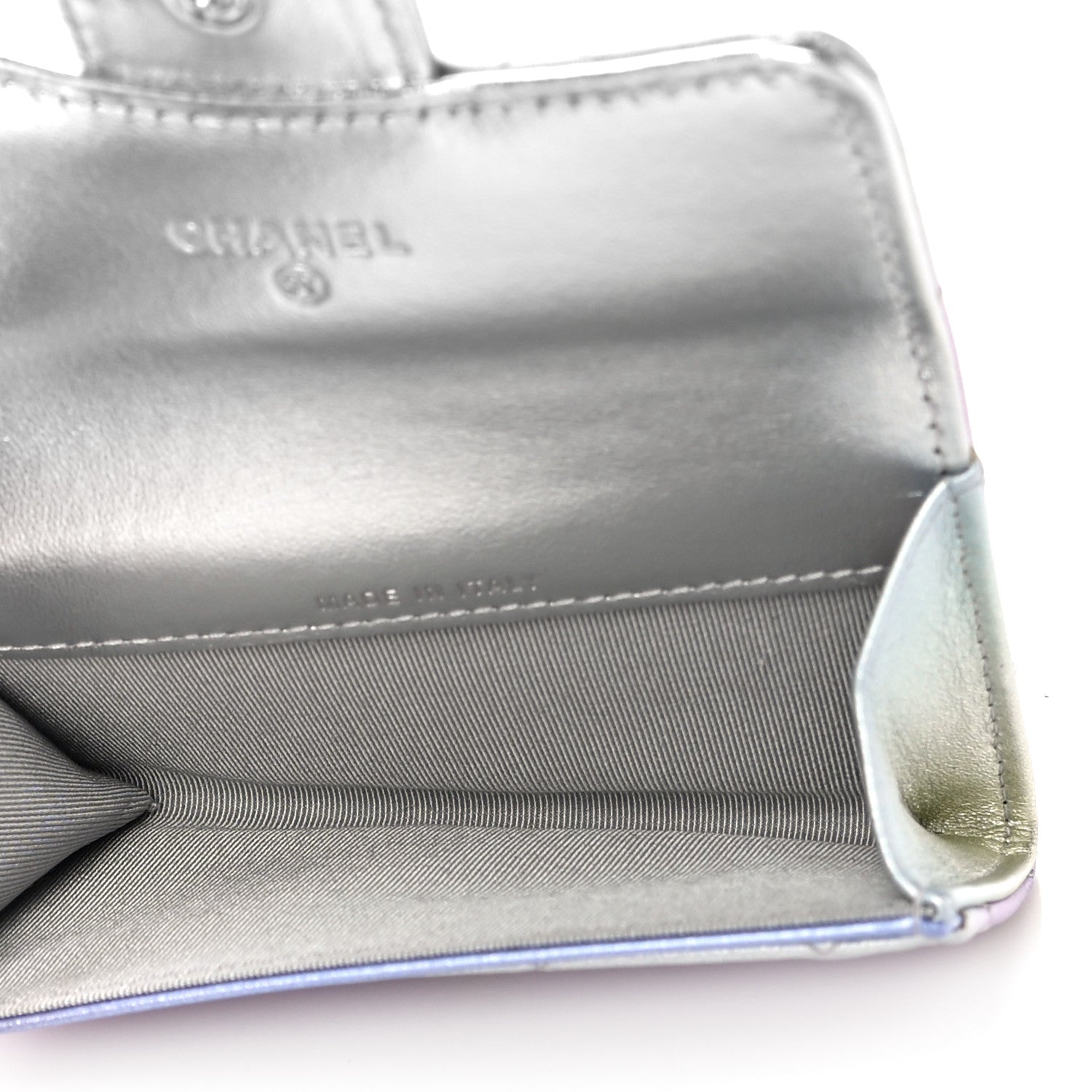 Chanel Gradient Metallic Calfskin Quilted Flap Card Holder Wallet Silver Blue Yellow Purple 5 of 12