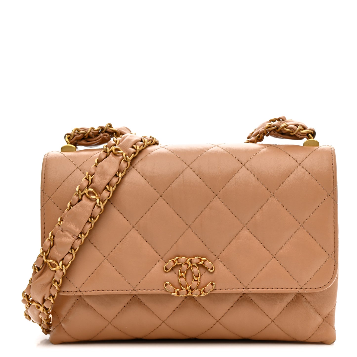 Crumpled Calfskin Quilted Braided CC Flap Beige