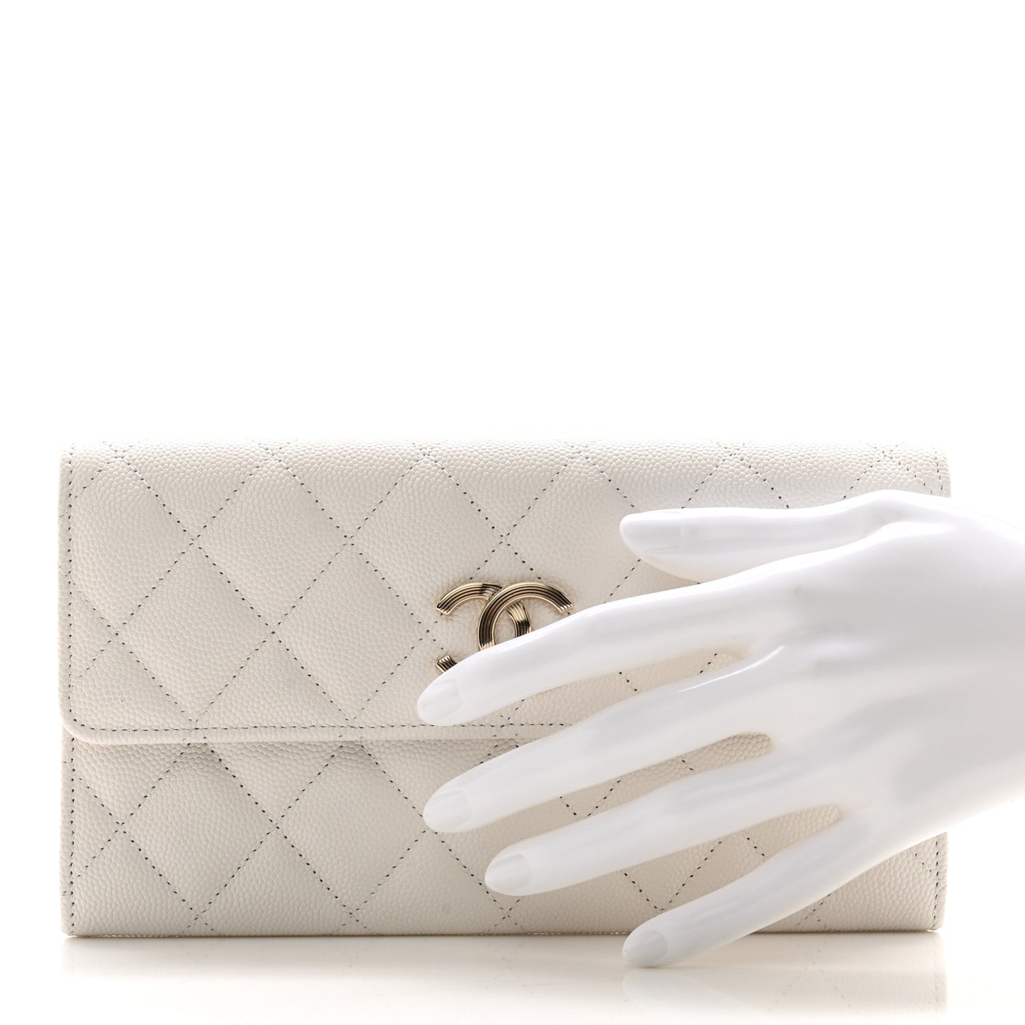 Caviar Quilted Striated CC Large Gusset Flap Wallet White