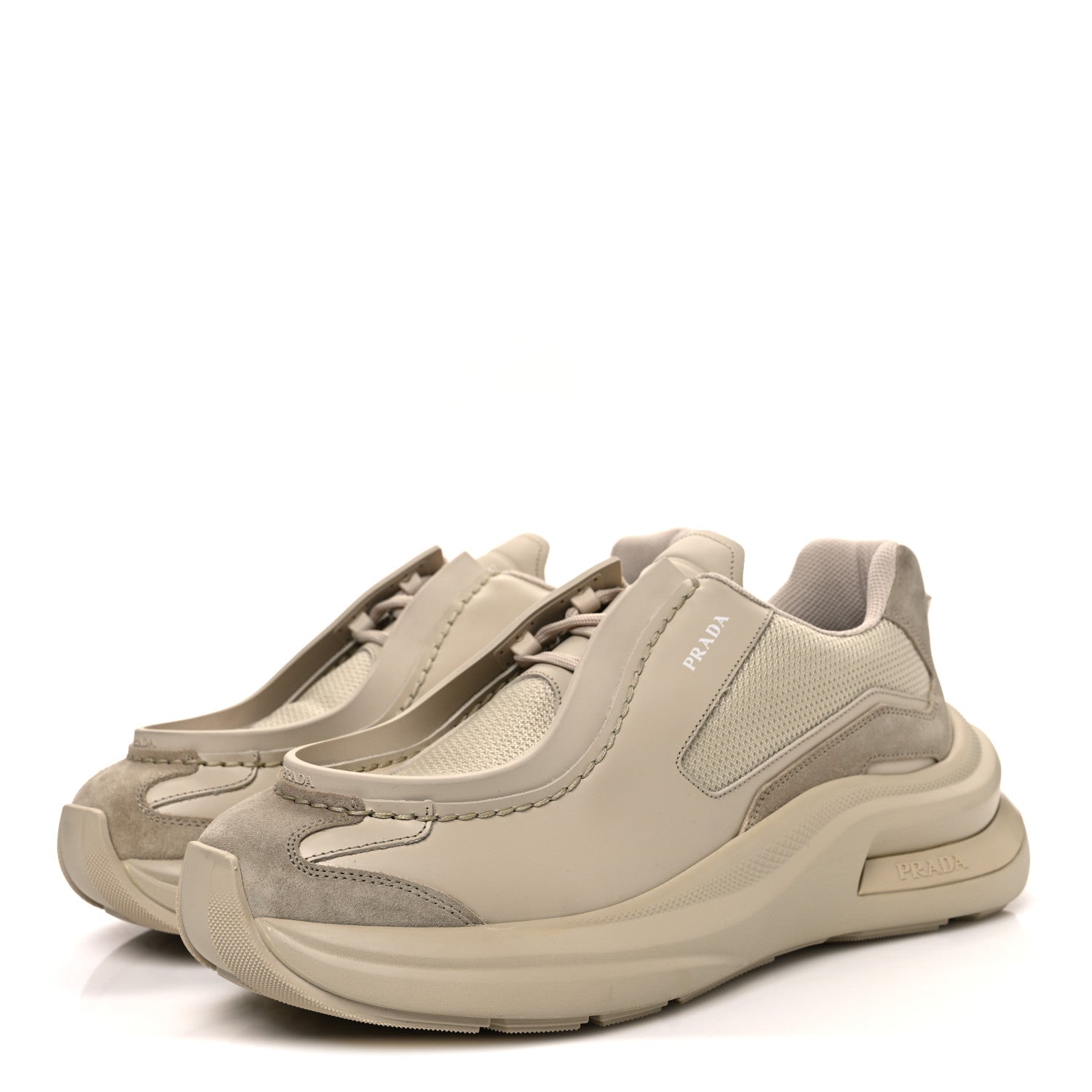 Prada Brushed Calfskin Mens Systeme Sneakers 10.5 Beige 1754804
