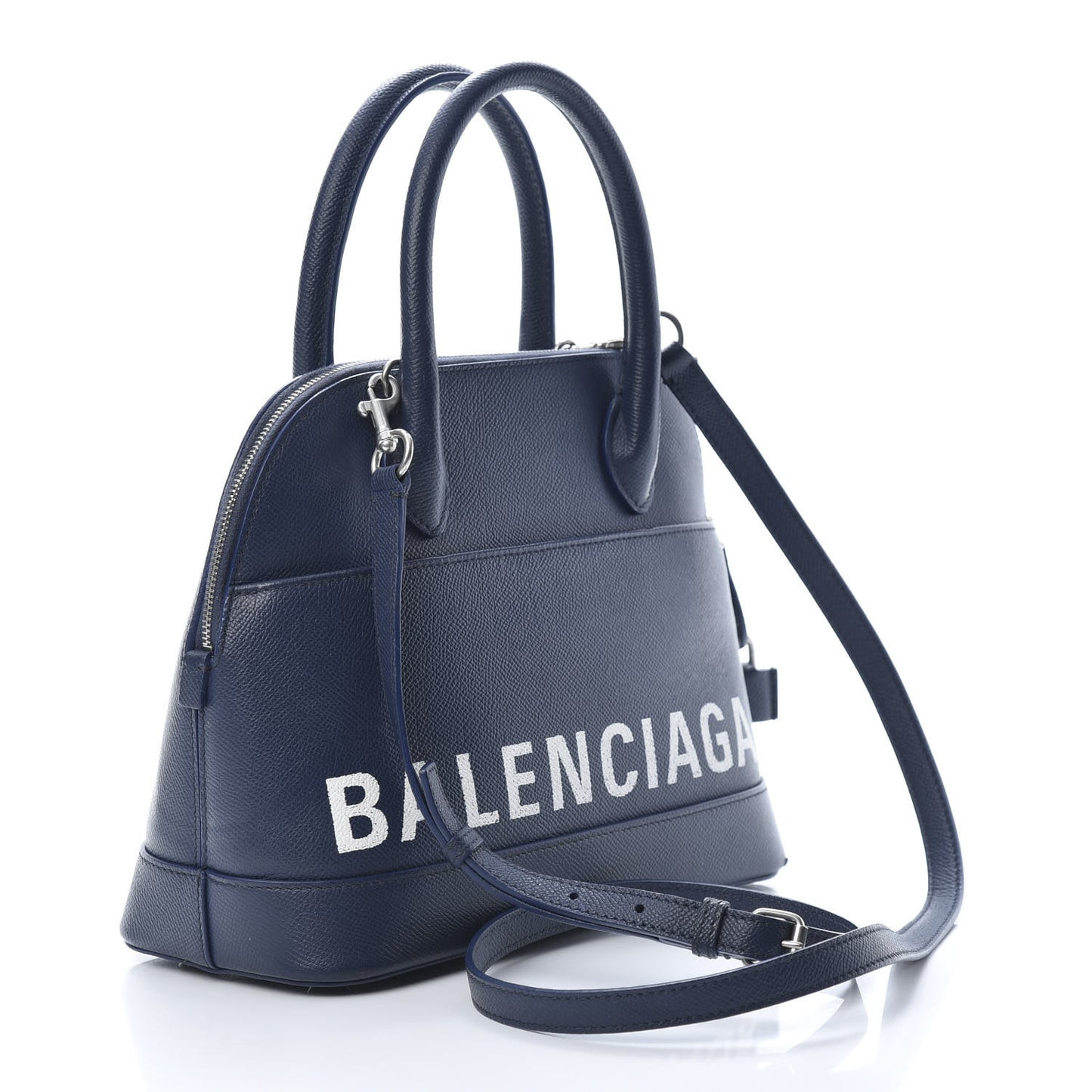 Signature Grained Calfskin Logo S Ville Top Handle Bag Bleu Canopee White