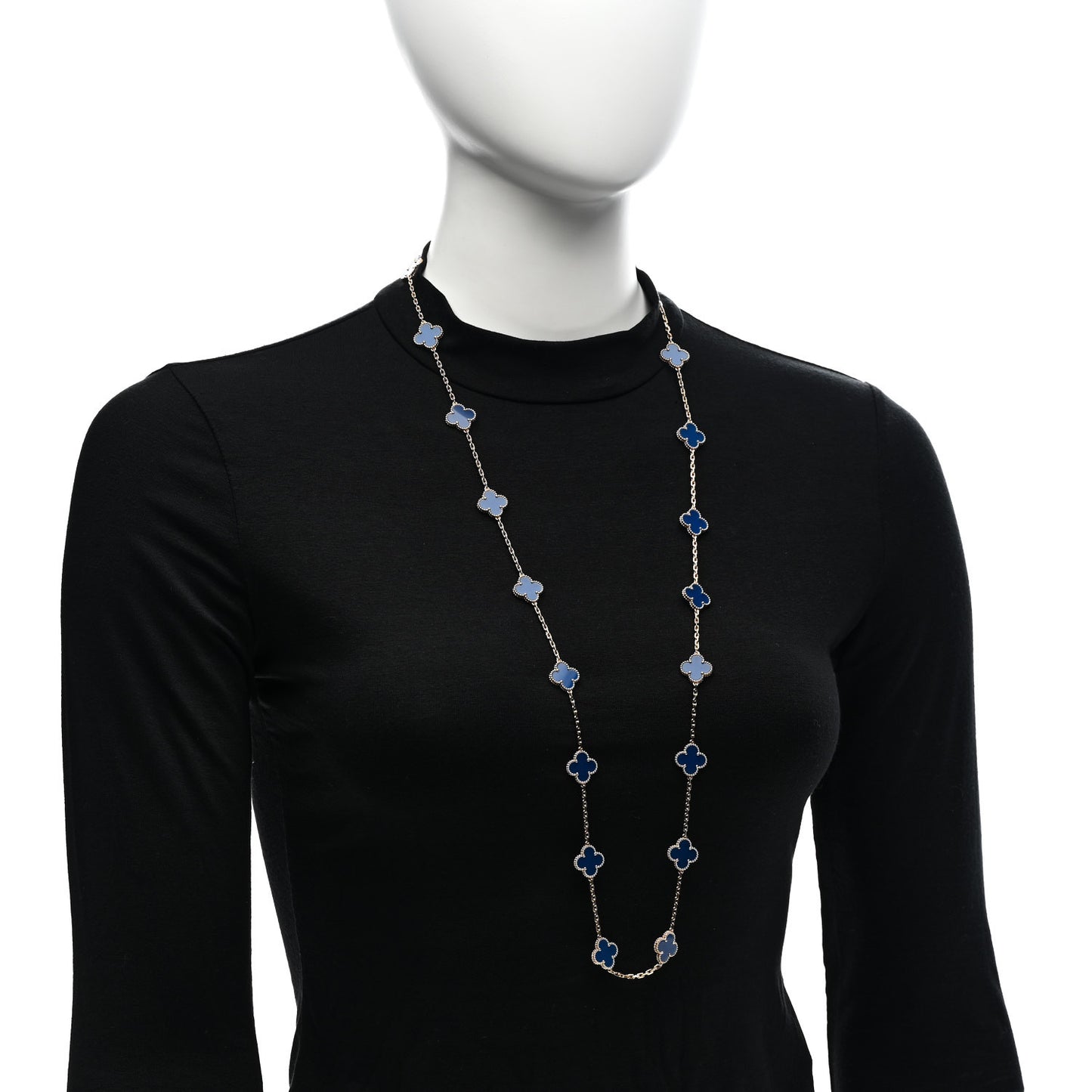 18K Yellow Gold Blue Agate 20 Motifs Vintage Alhambra Necklace
