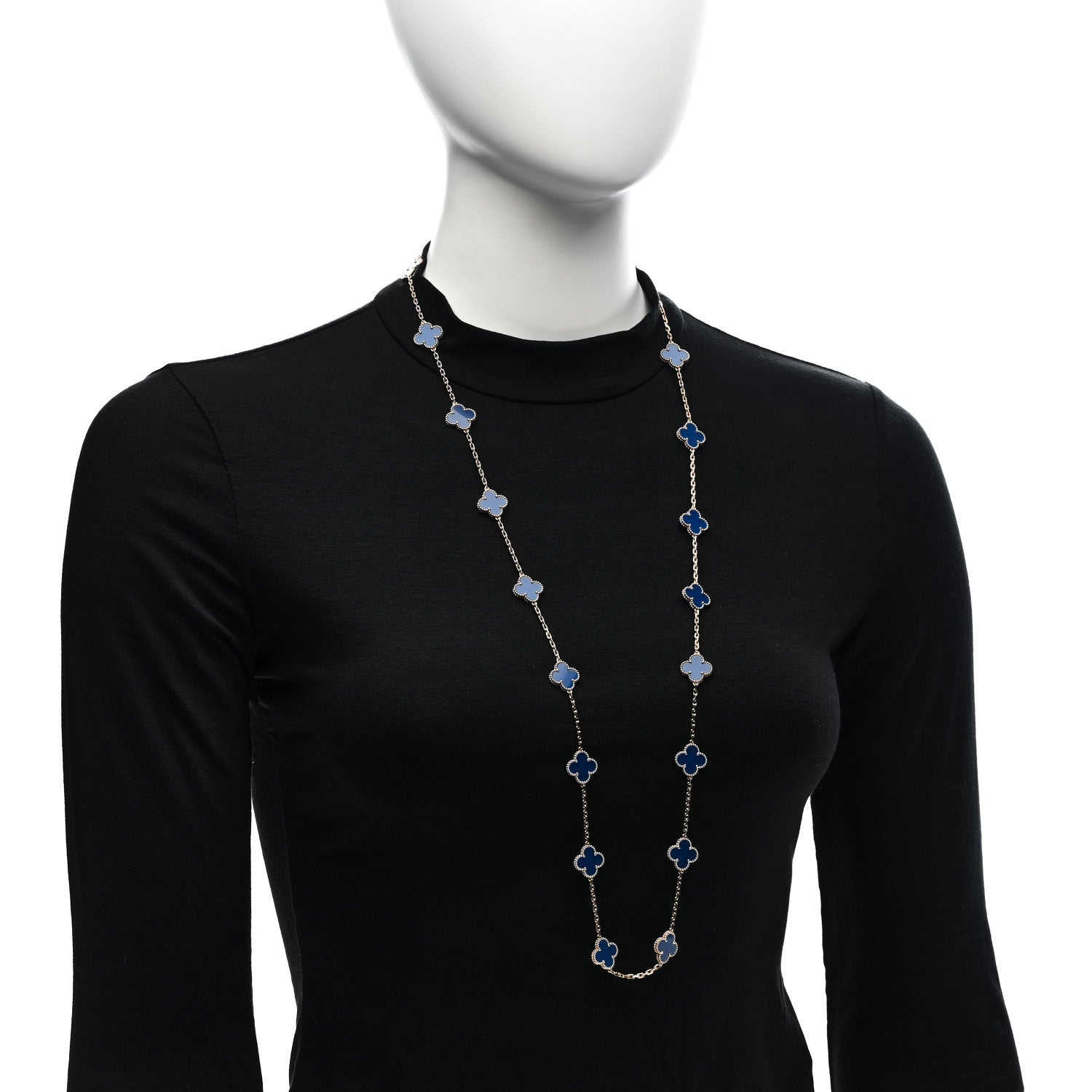 Van Cleef & Arpels 18K Yellow Gold Blue Agate 20 Motifs Vintage Alhambra Necklace 2 of 7