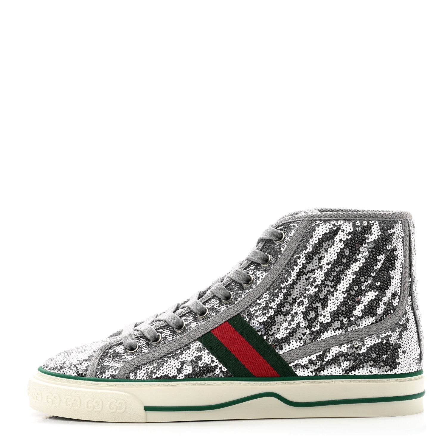 Gucci Sequin Web Matelasse Womens 1977 Tennis High Top Sneakers 38 Silver Light Grey 1 of 8