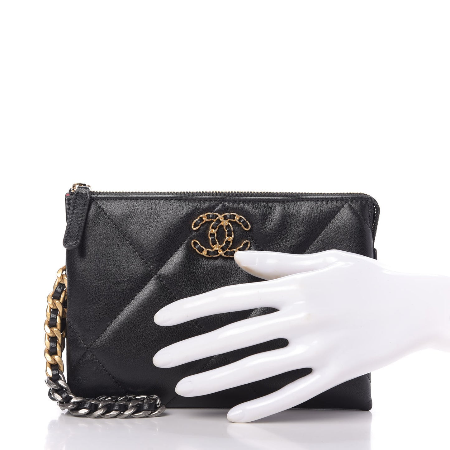 Shiny Goatskin Quilted Small Chanel 19 Pouch With Handle Black