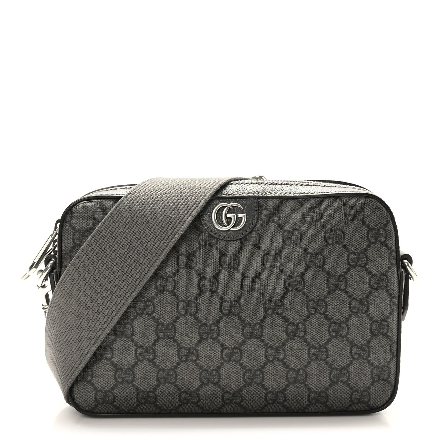 GG Supreme Monogram Textured Dollar Calfskin Web Ophidia Wristlet Shoulder Bag Grey Black Graphite Grey