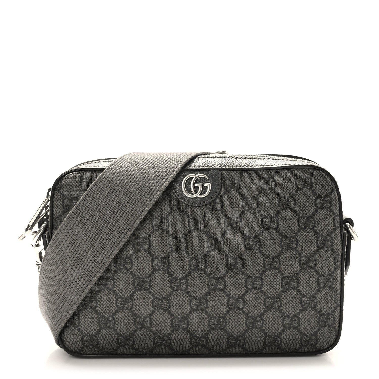Gucci GG Supreme Monogram Textured Dollar Calfskin Web Ophidia Wristlet Shoulder Bag Grey Black Graphite Grey 1 of 9