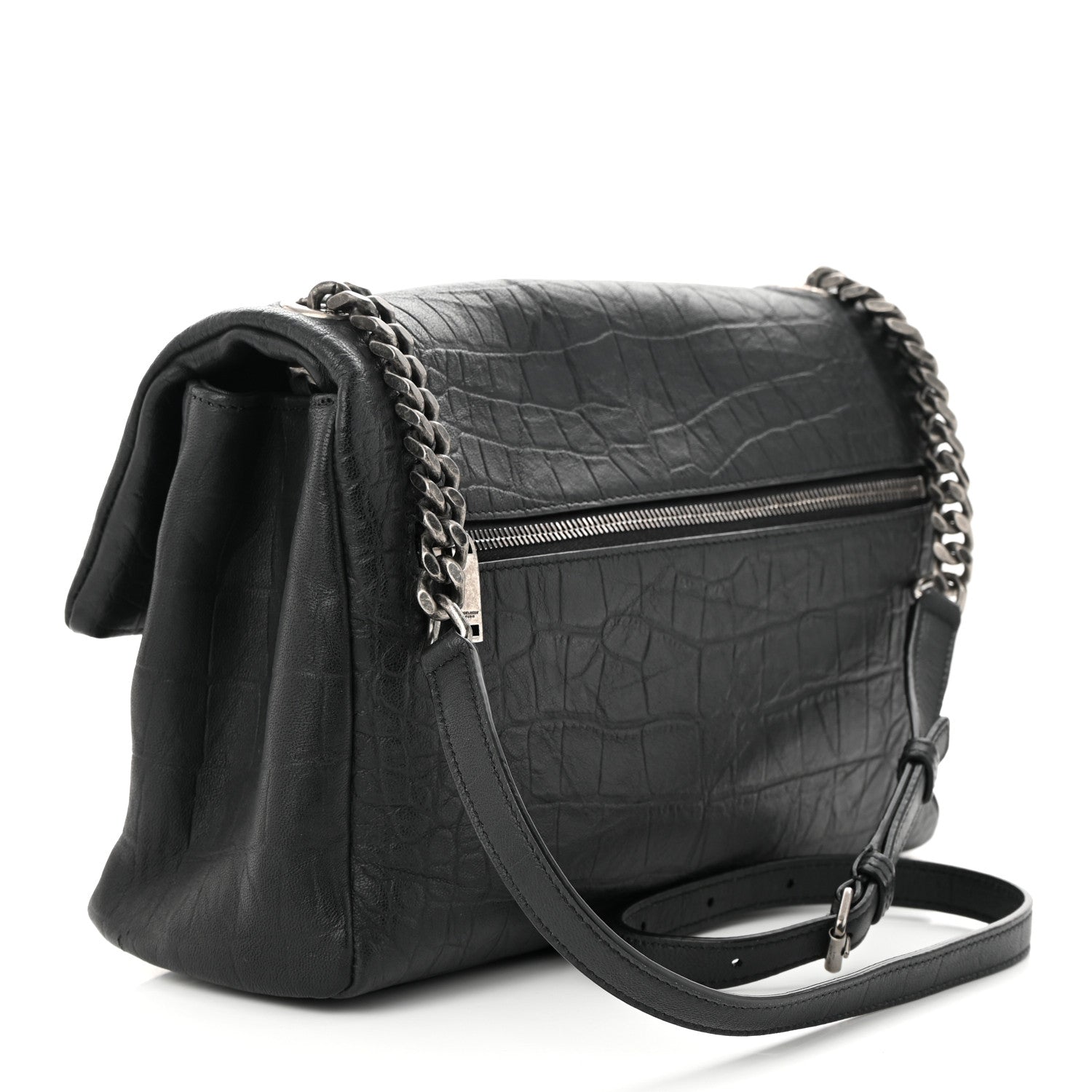 Saint Laurent Calfskin Crocodile Embossed Medium West Hollywood Monogram Fold-Over Bag 3 of 11