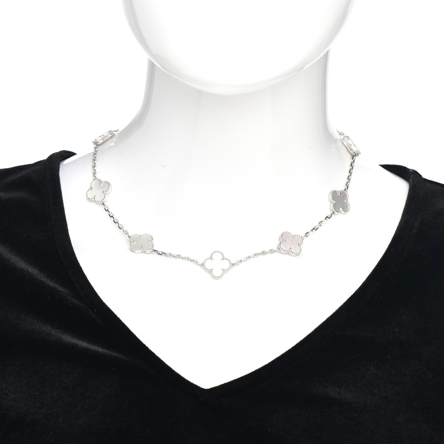 18K White Gold Mother of Pearl 10 Motifs Vintage Alhambra Necklace