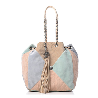 Chanel Suede Quilted Patchwork Drawstring Bag Blue Green Pink Beige 1 of 11