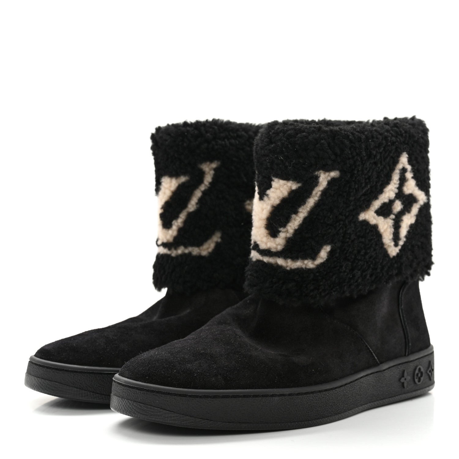 Louis Vuitton Suede Calfskin Shearling Snowdrop Flat Ankle Boot 37.5 Black 3 of 13