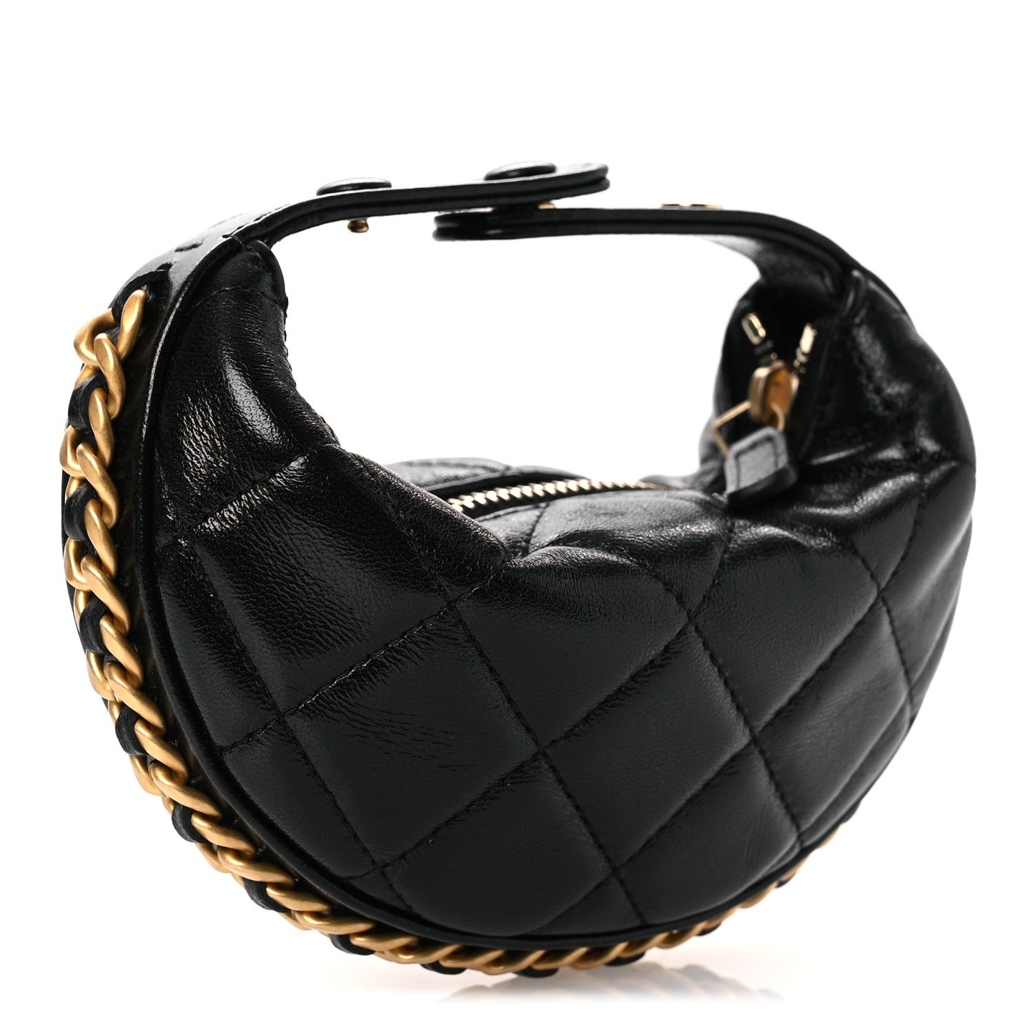 Shiny Crumpled Lambskin Quilted Chain Around Mini Pouch Black