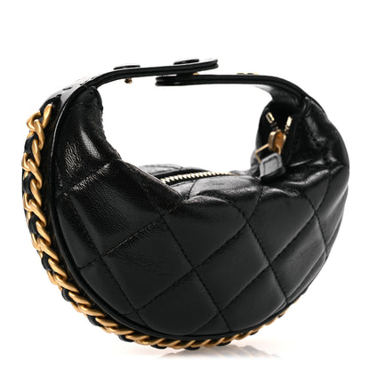 Chanel Shiny Crumpled Lambskin Quilted Chain Around Mini Pouch Black 3 of 10